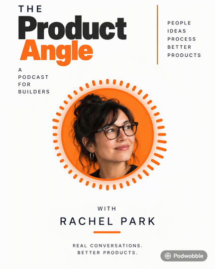 A 4:5 podcast video of The Product Angle: the host&rsquo;s photo inside a ring of orange bars on a light background.