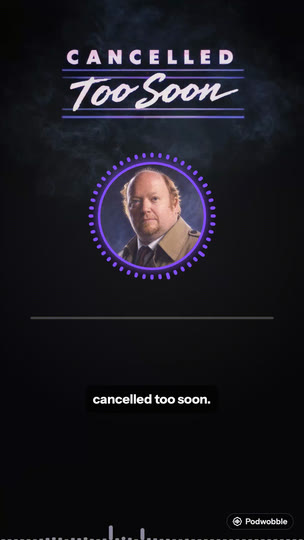A vertical podcast clip video of Cancelled Too Soon: the host&rsquo;s photo inside a ring of purple bars, with captions underneath.