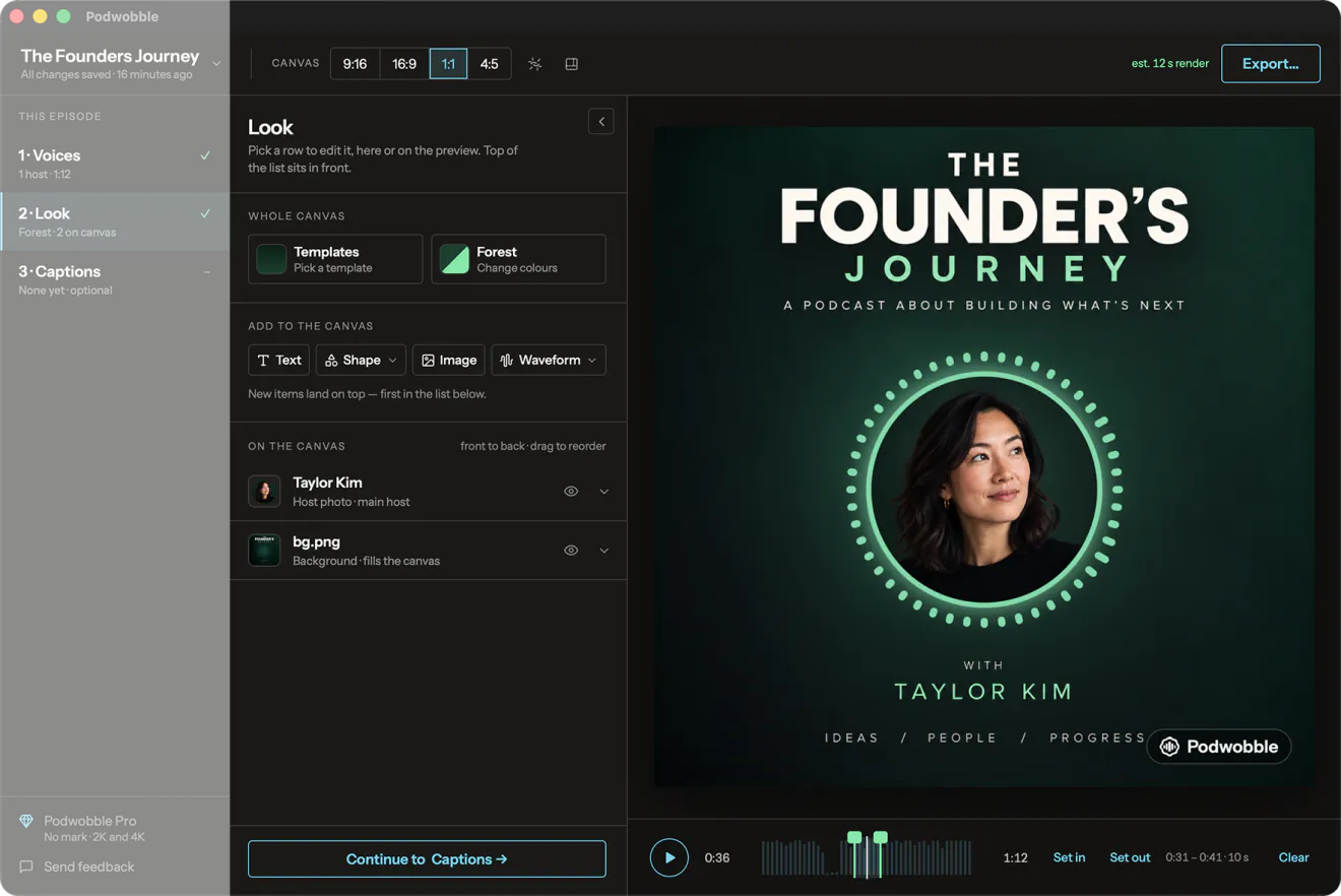 The Podwobble editor on the Look step: templates and layers in the middle, and on the right a square preview of The Founder's Journey with a ring of green bars around the host photo.